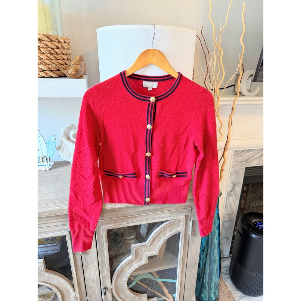 J.Crew Cashmere Cardigan Womens XS Red Navy Blue Striped Gold Button Sweater